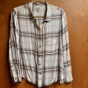 Blouse, Susina Pink & Brown/Gray Plaid Shirt Style Blouse